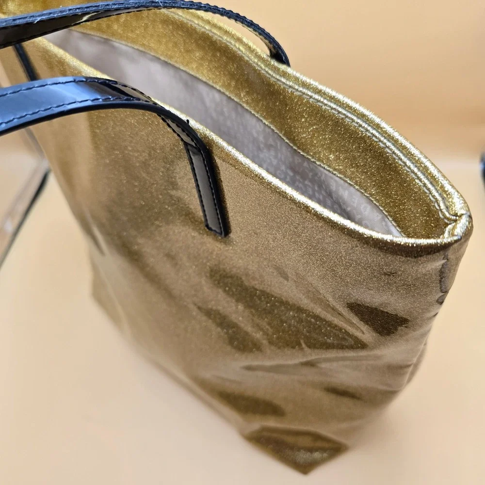 Kate Spade Live Colorfully Gold Glitter Tote Bag Black Patent Handles Large